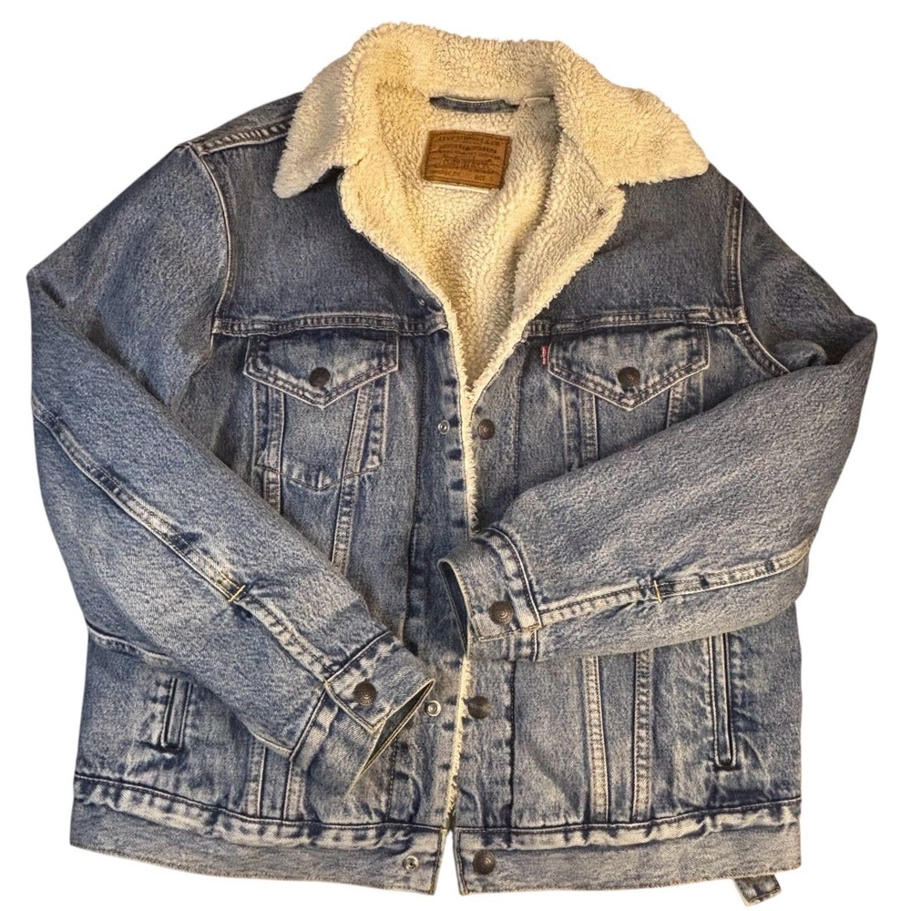 Levis Jacket Mens Small Trucker Jacket Sherpa Faux Fur Light Wash Denim